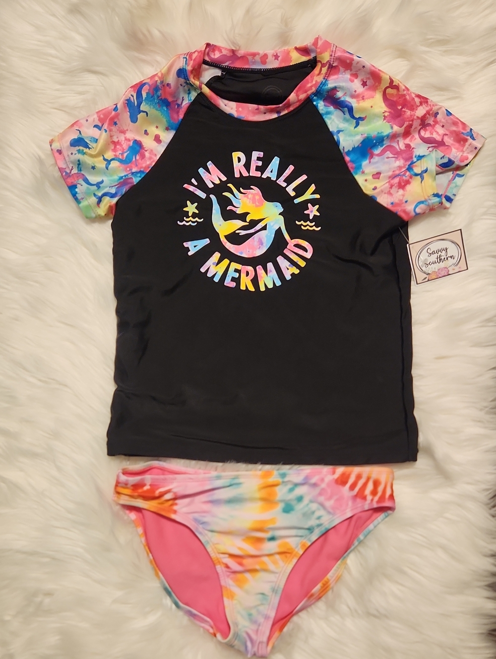 Mermaid' Rash Guard 2pc Set - Black with Tie-Dye - Girls Size: 10-12